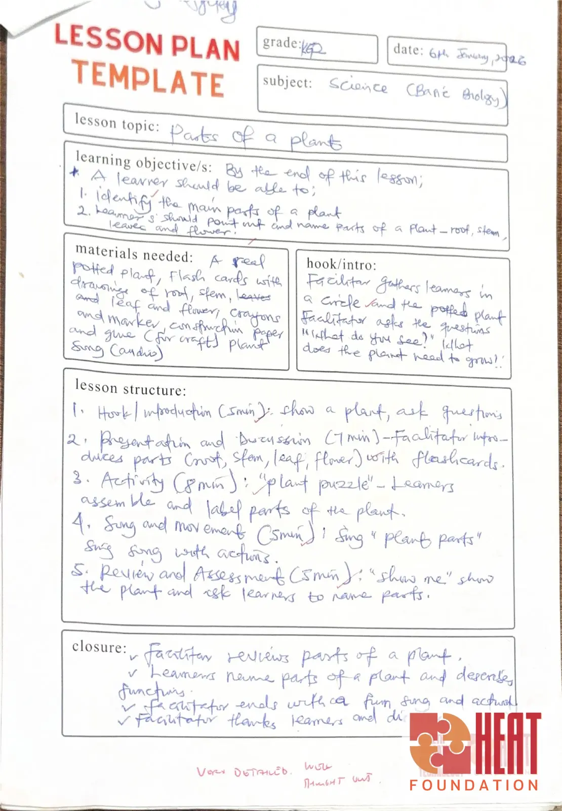 Blessing Ayitey's handwritten lesson plan template about parts of a plant
