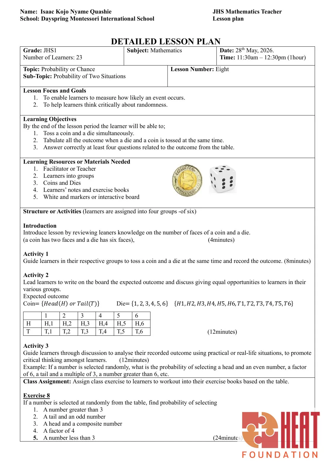 Isaac Quashie's probability lesson plan