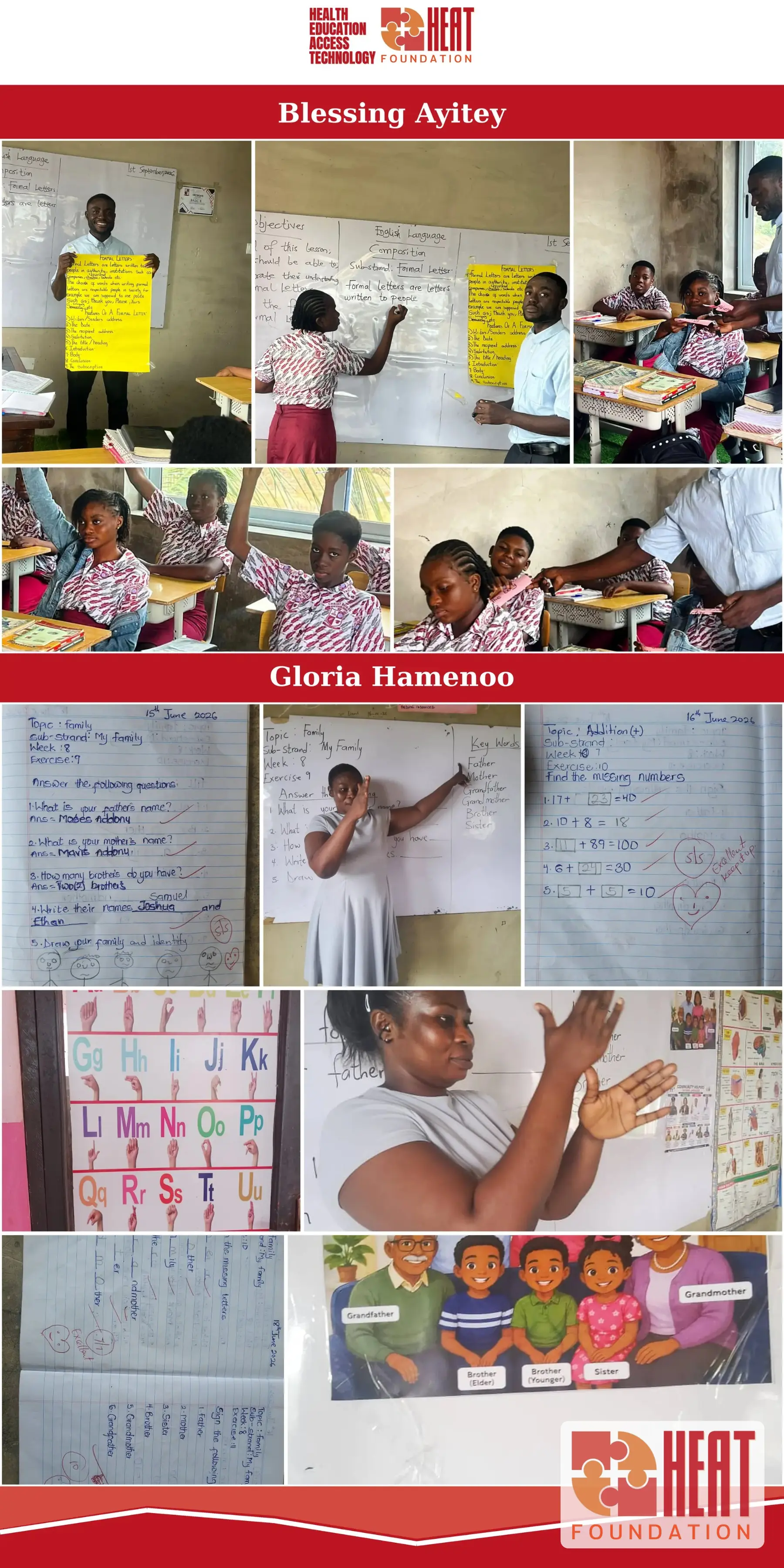 Photographs of HEAT teachers Blessing Ayitey and Gloria Hamenoo teaching, with classroom work and learning materials